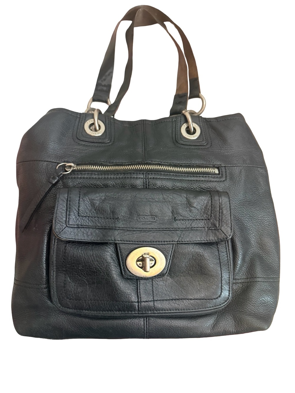 Coach Black Leather Shoulder Tote with Silver-Tone Turn-Lock